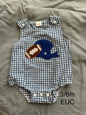 Gingham Football Helmet Appliqué Baby Romper - Blue